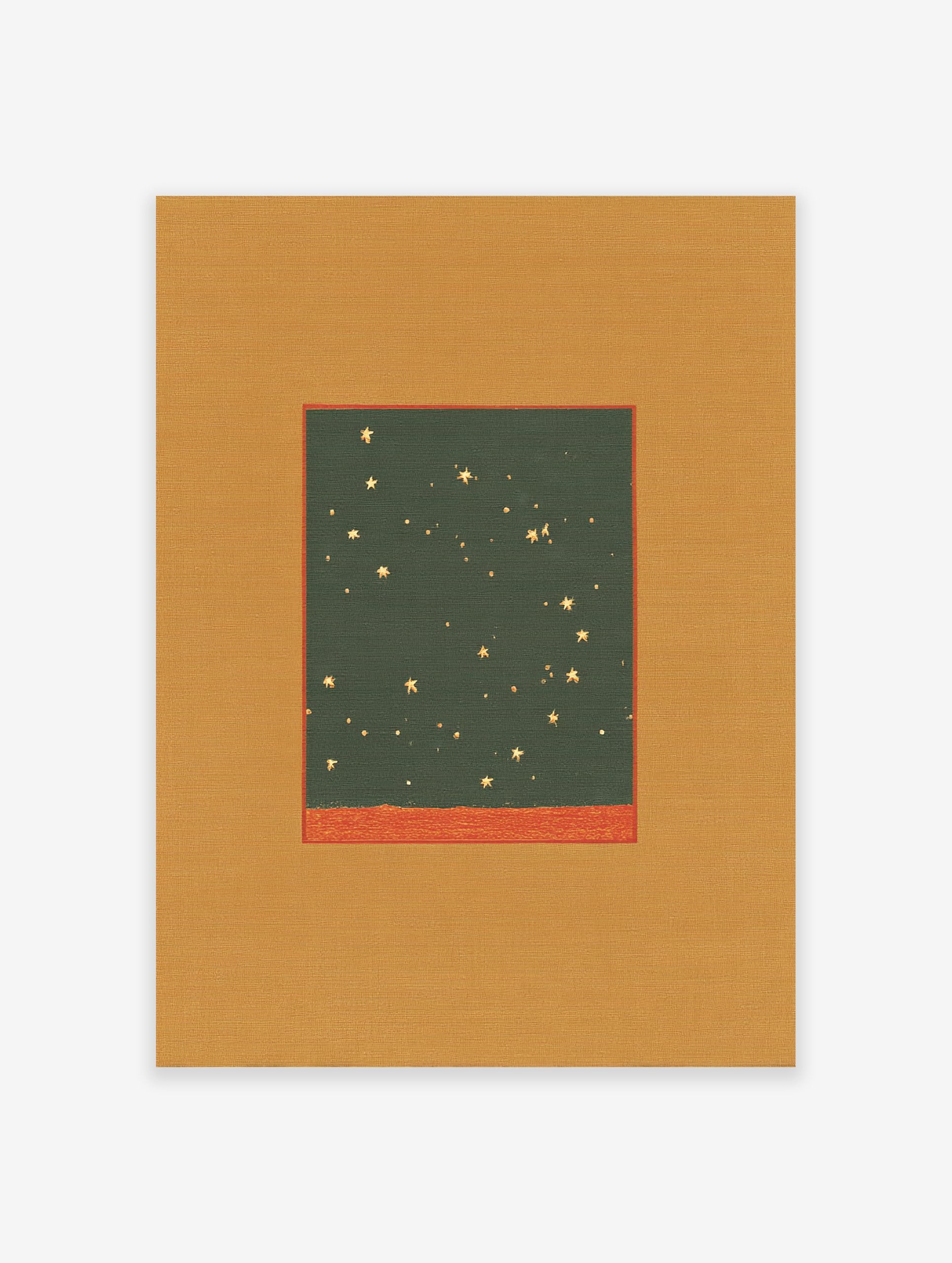 Minimalist night sky wall art print with gold stars on a dark green background and a golden-orange border
