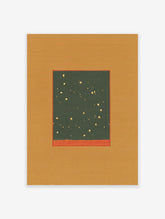 Minimalist night sky wall art print with gold stars on a dark green background and a golden-orange border