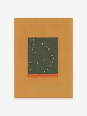 Minimalist night sky wall art print with gold stars on a dark green background and a golden-orange border