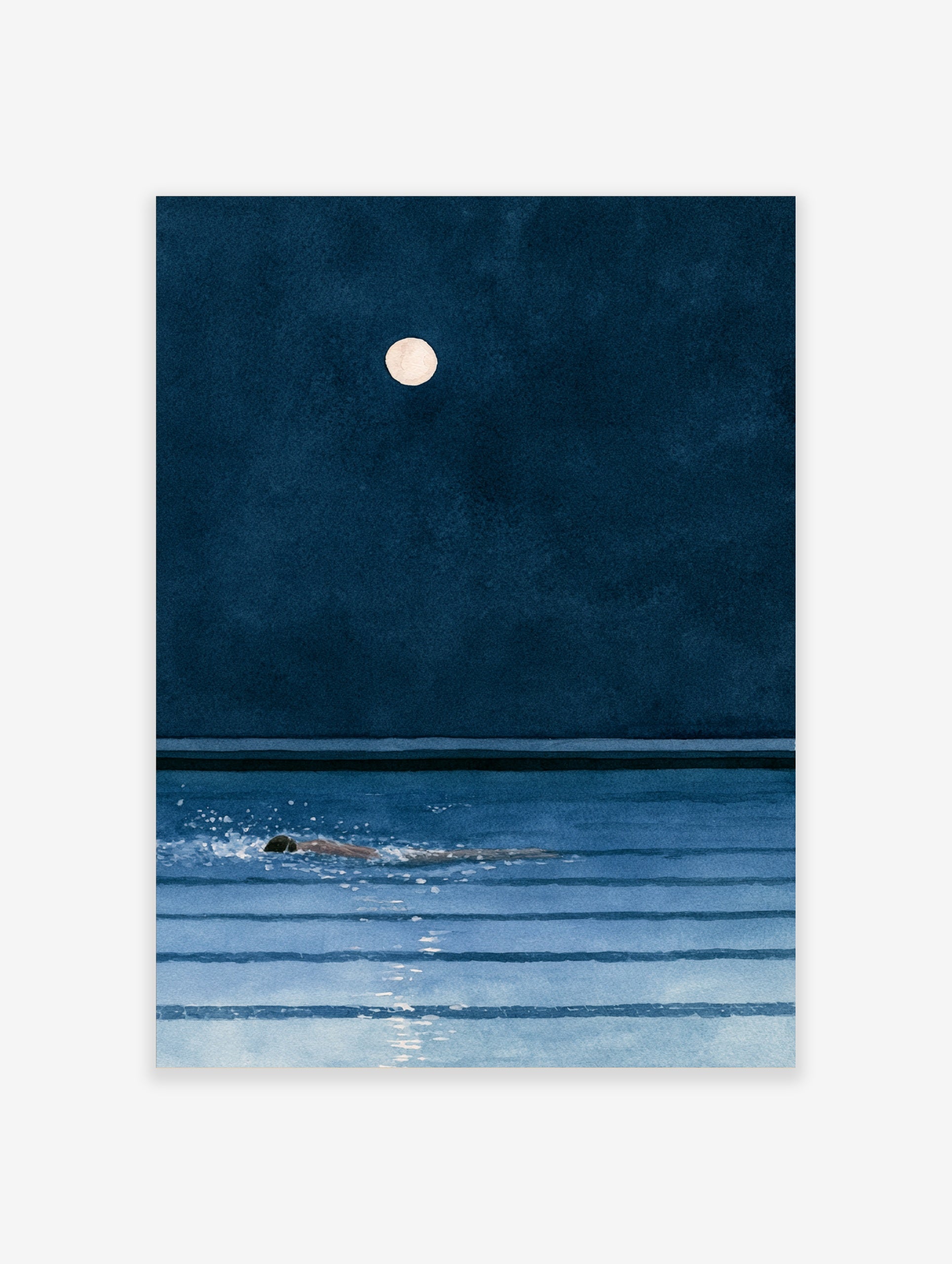Minimalist art print of a person swimming in dark blue water under a full moon at night
