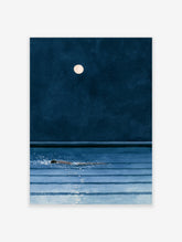 Minimalist art print of a person swimming in dark blue water under a full moon at night