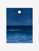Minimalist art print of a person swimming in a deep blue ocean at night under a full moon