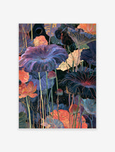 Nocturnal lotus flowers and lily pads with a crescent moon, illustrative botanical wall art print