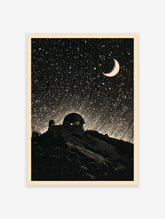 Linocut style observatory illustration with star trails and crescent moon, black and white astronomy wall art print