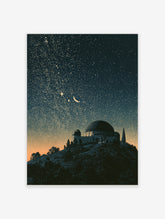 Illustrative observatory dome on a hill under a starry night sky with a crescent moon and warm horizon glow