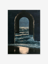 Dark arched tunnel framing a turbulent, stormy sea with white-capped waves in a moody blue-toned art print