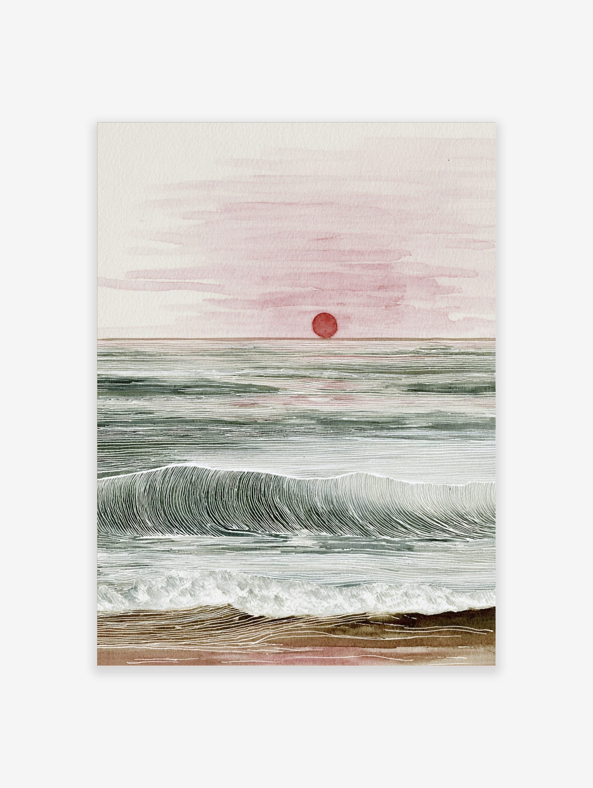 Ocean sunset watercolour and line art print with red sun, green waves, and sandy beach