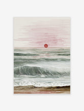 Ocean sunset watercolour and line art print with red sun, green waves, and sandy beach
