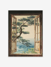 Illustration of a Japanese-style pine tree and blue ocean seen through an open wooden window. Coastal ocean view wall art.