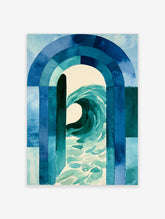 Ocean wave crashing inside a blue architectural archway illustrative print