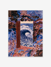 Abstract painting of a powerful blue ocean wave seen through a brown window frame, artistic coastal wall art
