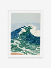 Illustrative ocean wave art print with blue and green water, white foam, and light blue sky over a sandy beach