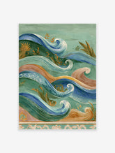 Ocean wave wall art with blue, green, and peach swirling ribbons and stylized leaves on a teal background