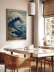 Illustrative blue ocean wave art print in woodcut style, showing a large breaking wave with foam, in a styled room mockup