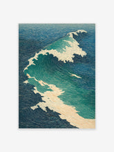 Dynamic ocean wave in Japanese ukiyo-e style with blue, teal, and white foam on textured water