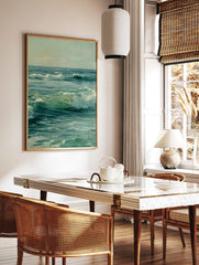 Painterly ocean scene with dynamic green and blue waves breaking, white foam, and a calm sea horizon, in a styled room mockup