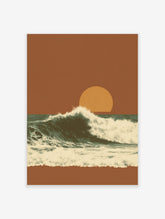 Illustrative ocean wave crashing against a dark teal sea under an orange sunset sky with a large sun