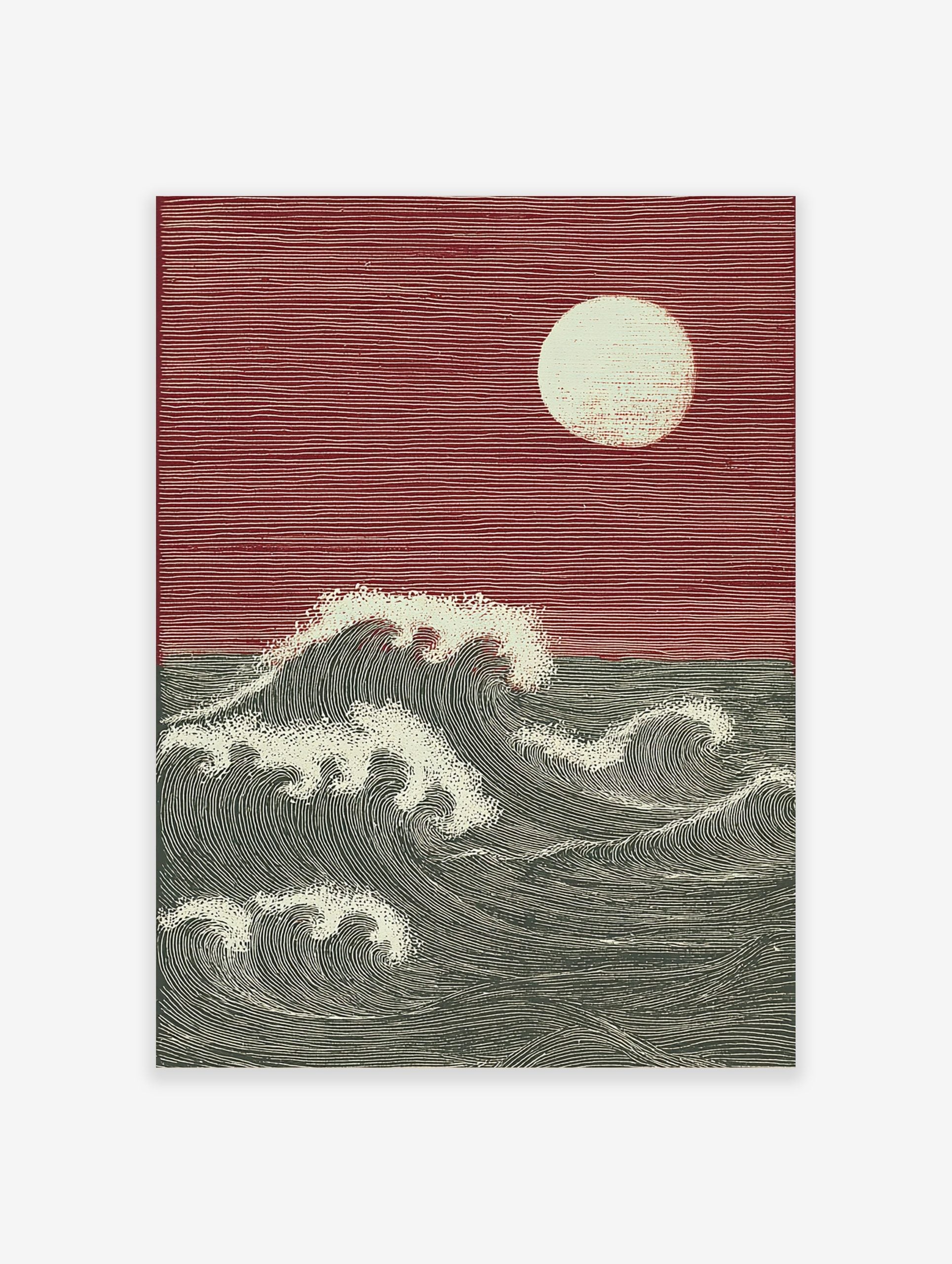 Woodcut style print of large ocean waves and full moon against a red sky, with strong lines