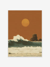 Stylised ocean waves under a warm orange sun with rock formations in a textured, illustrative art print