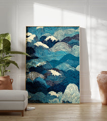 Ocean waves poster featuring a dynamic Japanese woodblock style illustration of blue and white rolling sea waves. - Image 3