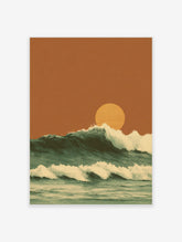 Illustrative ocean waves with white foam crests and a large orange setting sun against an earthy sky