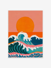 Illustrative ocean waves with white foam under a large orange sun and peachy-pink sky