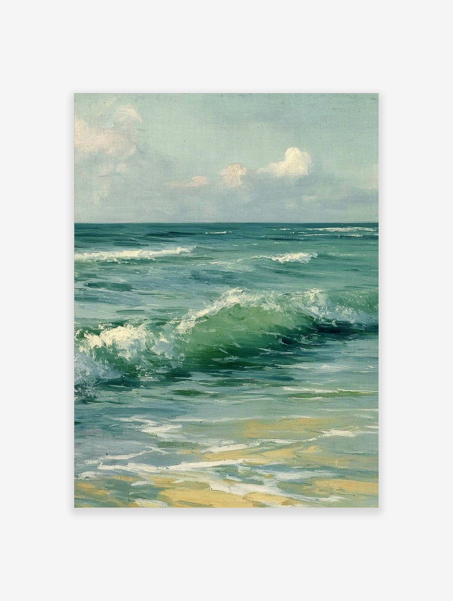 Close-up painting of green and blue ocean waves crashing onto a sandy beach under a cloudy sky
