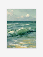 Close-up painting of green and blue ocean waves crashing onto a sandy beach under a cloudy sky