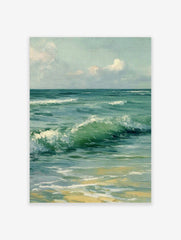 Close-up painting of green and blue ocean waves crashing onto a sandy beach under a cloudy sky