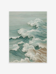 Illustrative ocean waves art print with white foam crests and teal water, in a Japanese style