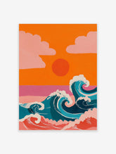 Illustrative ocean waves with white foam, orange sunset, and pink clouds against an orange sky