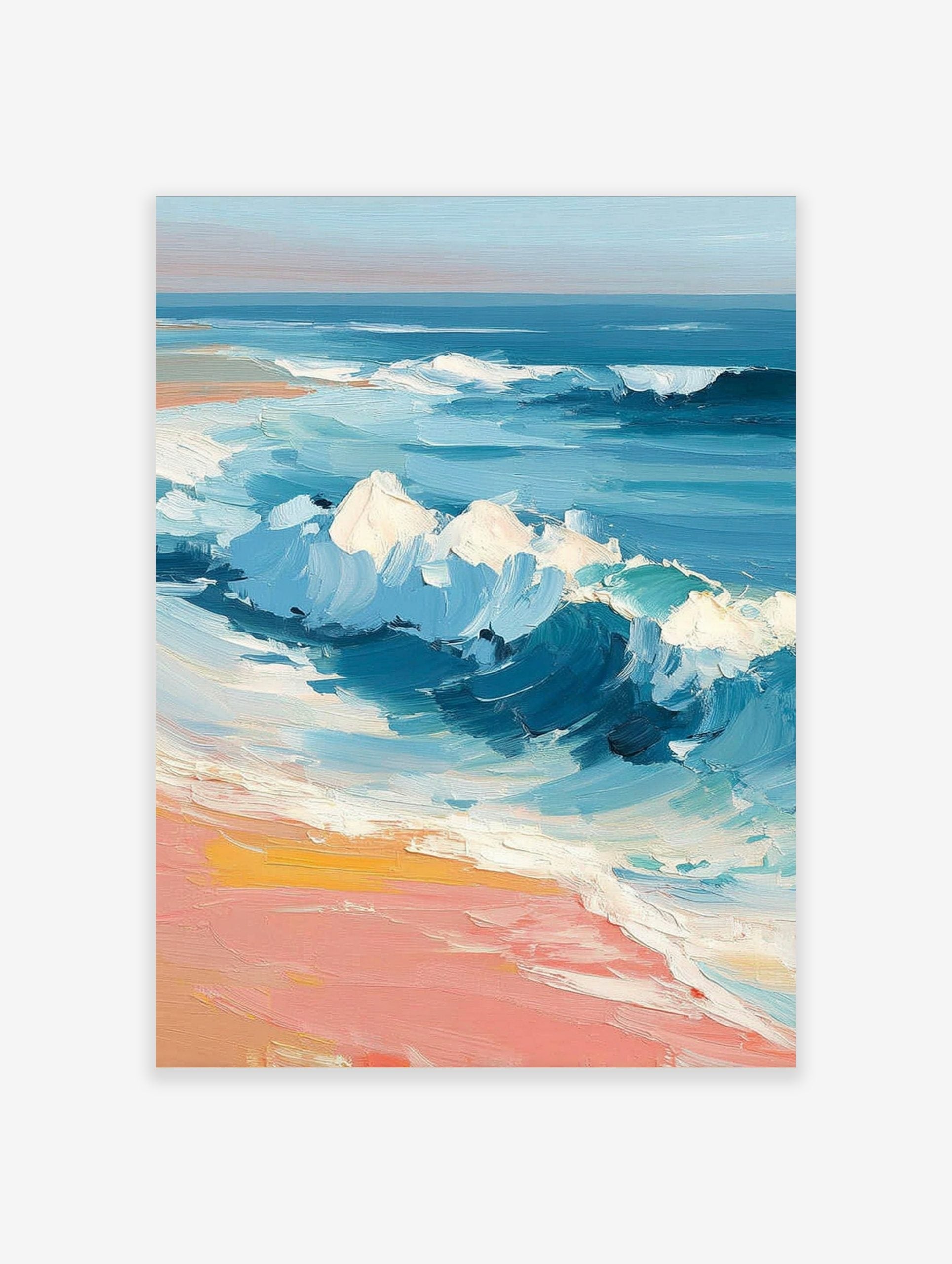 Impressionist painting of blue ocean waves crashing onto a peach and yellow sandy beach with a clear sky