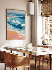 Impressionist painting of blue ocean waves crashing onto a peach and yellow sandy beach with a, in a styled room mockup
