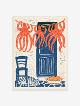 Orange octopuses hanging above blue door with cat and oranges, coastal kitchen art print
