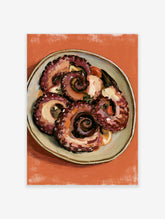 Octopus tentacles curled on a pale green plate against a coral background, painterly style