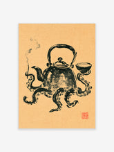 Ink wash octopus teapot poster with smoking pipe and tea bowl on tan background