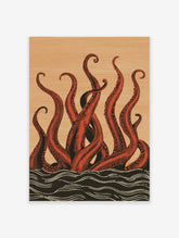 Red octopus tentacles with suckers rising from black waves on a tan background, illustrative poster