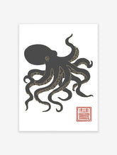 Black and gold Japanese style octopus wall art print with a red seal on a white background, marine animal illustration.