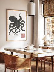Black and gold Japanese style octopus wall art print with a red seal on a white background, marine animal illustration. - Image 2