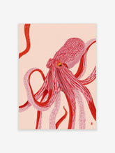 Illustrative octopus wall art print in shades of pink and red on a light background