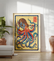 Illustrative blue and red octopus wall art print on a yellow background with a blue border and red stamp in the top right. - Image 3