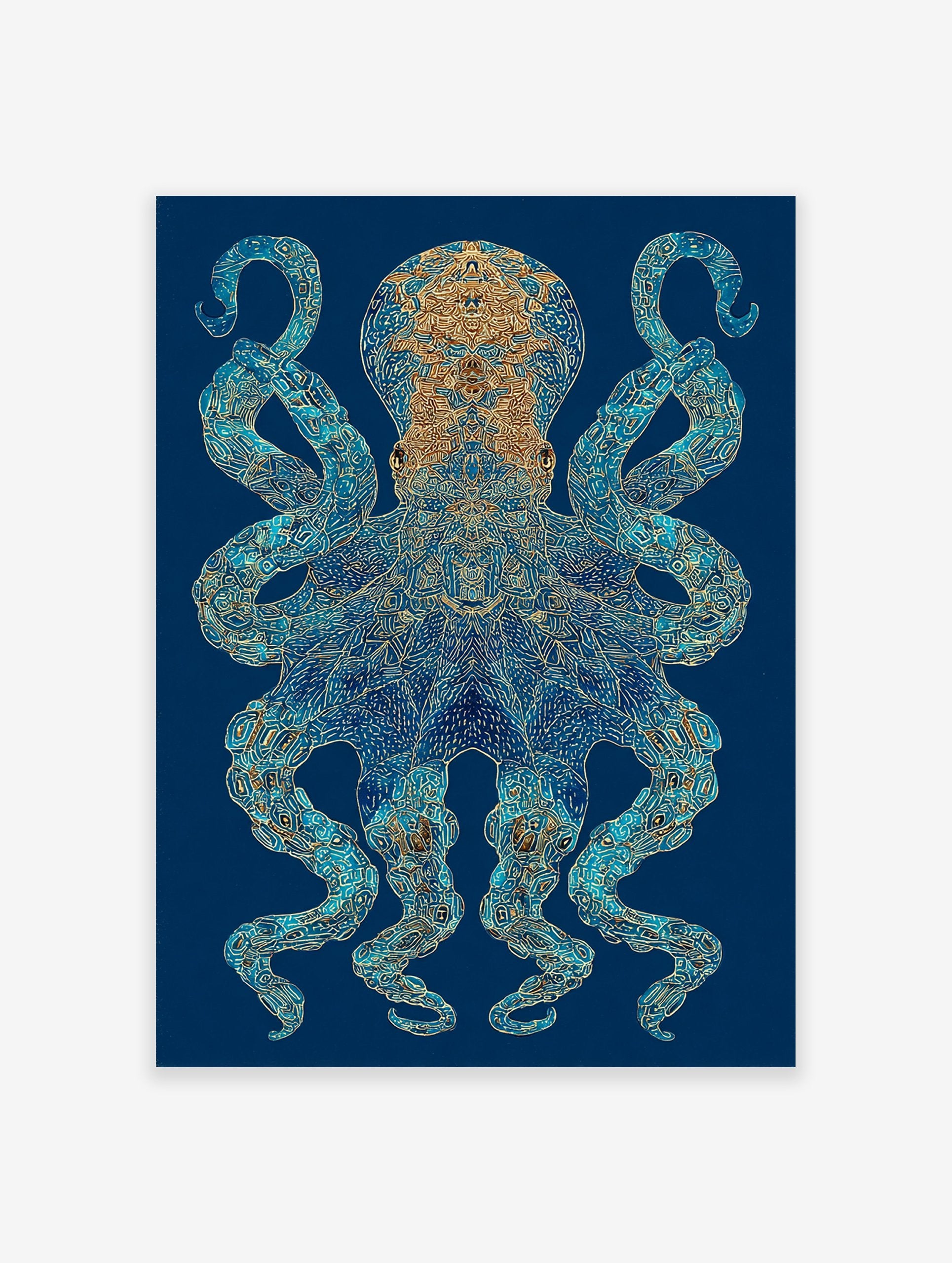 Intricate blue and gold octopus wall art print on a deep blue background with detailed patterns and glowing accents.