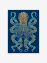 Intricate blue and gold octopus wall art print on a deep blue background with detailed patterns and glowing accents.