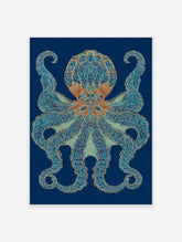 Intricate blue and gold octopus wall art print on a dark blue background, detailed marine life illustration.