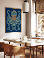 Intricate blue and gold octopus wall art print on a dark blue background, detailed marine life illustration. - Image 2