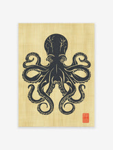 Japanese style black octopus illustration on a gold textured background with a red stamp in the bottom right corner, Octopus Wall Art.