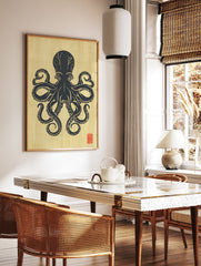 Japanese style black octopus illustration on a gold textured background with a red stamp in the bottom right corner, Octopus Wall Art. - Image 2