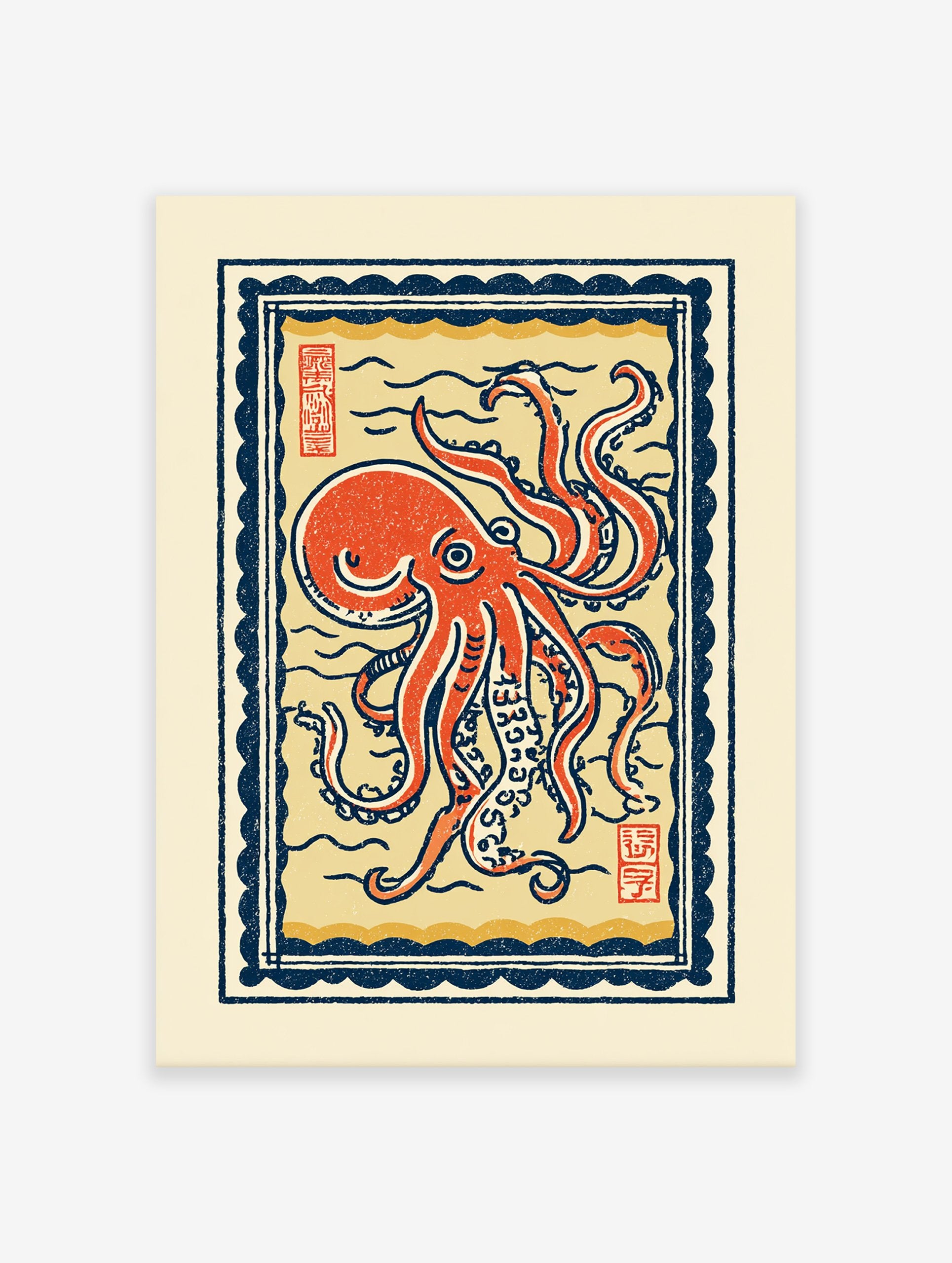 Japanese Ukiyo-e style octopus wall art print in red and blue, featuring a detailed octopus illustration with waves and border.