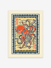 Japanese Ukiyo-e style octopus wall art print in red and blue, featuring a detailed octopus illustration with waves and border.