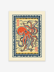 Japanese Ukiyo-e style octopus wall art print in red and blue, featuring a detailed octopus illustration with waves and border.